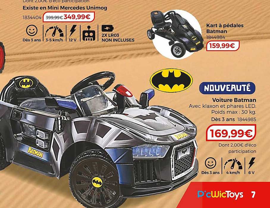 mini mercedes unimog, kart à pédales batman, voiture batman