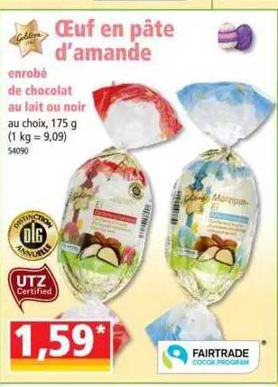 oeuf en pâte d'amande enrobé de chocolat au lait ou noir