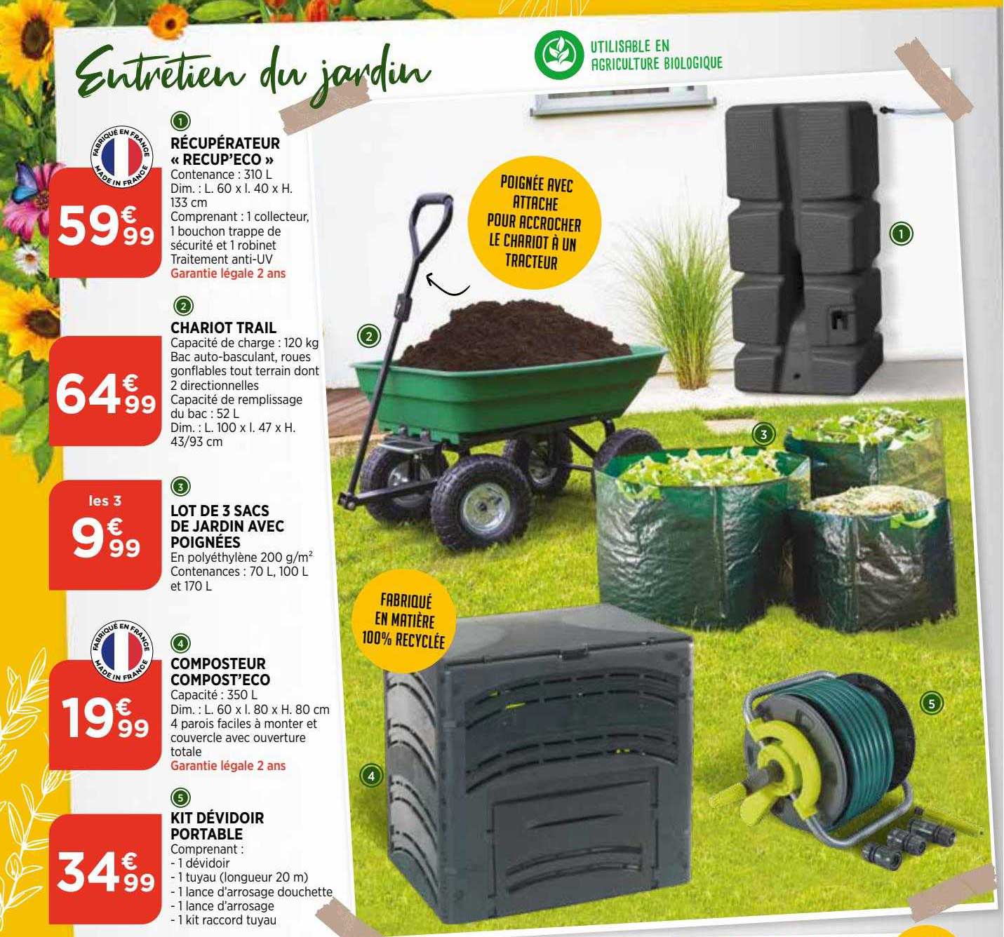 récupérateur "recup'eco", chariot trail, lot de 3 sacs de jardin avec poignées, composteur compost'eco, kit dévidoir portable