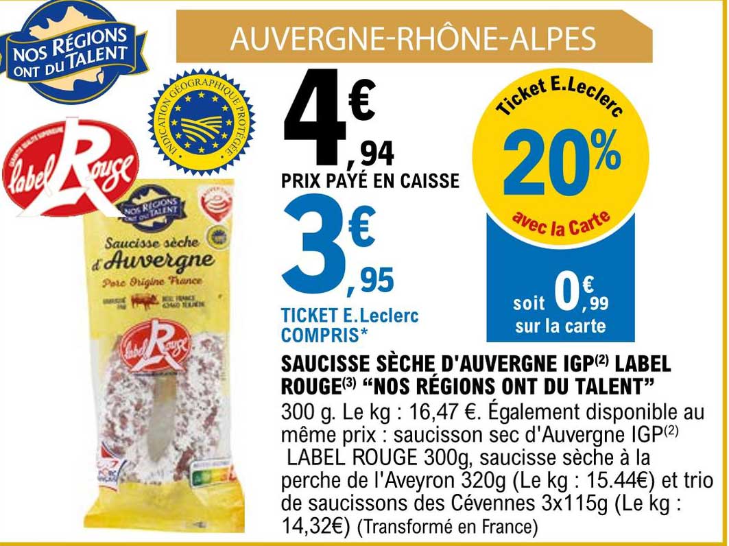 saucisse sèche d'auvergne igp label rouge "nos régions ont du talent"