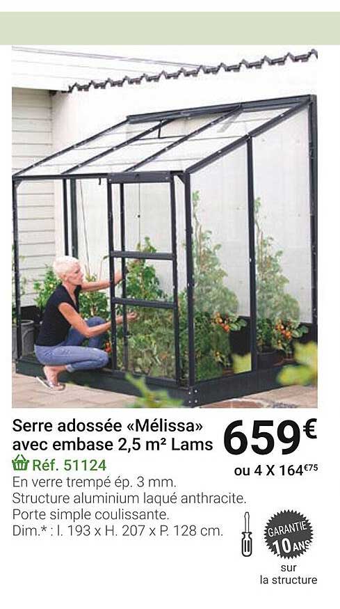 serre adossée «mélissa» avec embase 2,5 m² lams