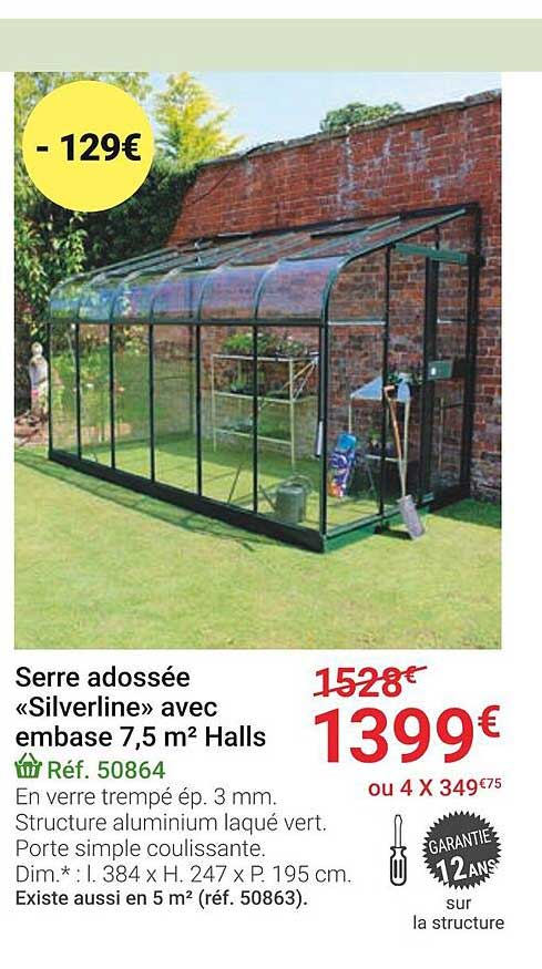 serre adossée «silverline» avec embase 7,5 m² halls