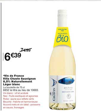 vin de france villa chavin sauvignon 8,5% naturellement léger blanc