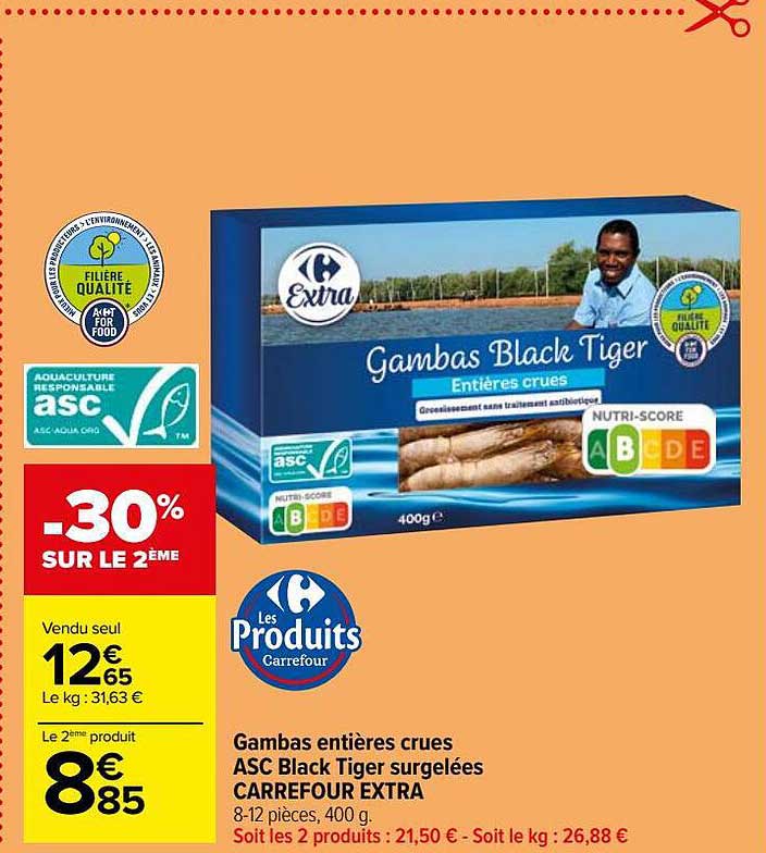 gambas entières crues asc black tiger surgelées carrefour extra