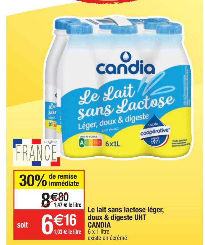 le lait sans lactose léger, doux & digeste uht candia