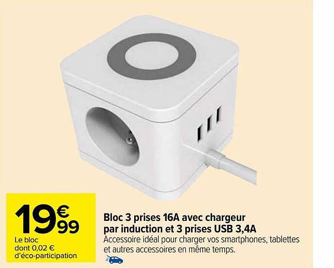 bloc 3 prises 16A avec chargeur par induction et 3 prises usb 3,4A