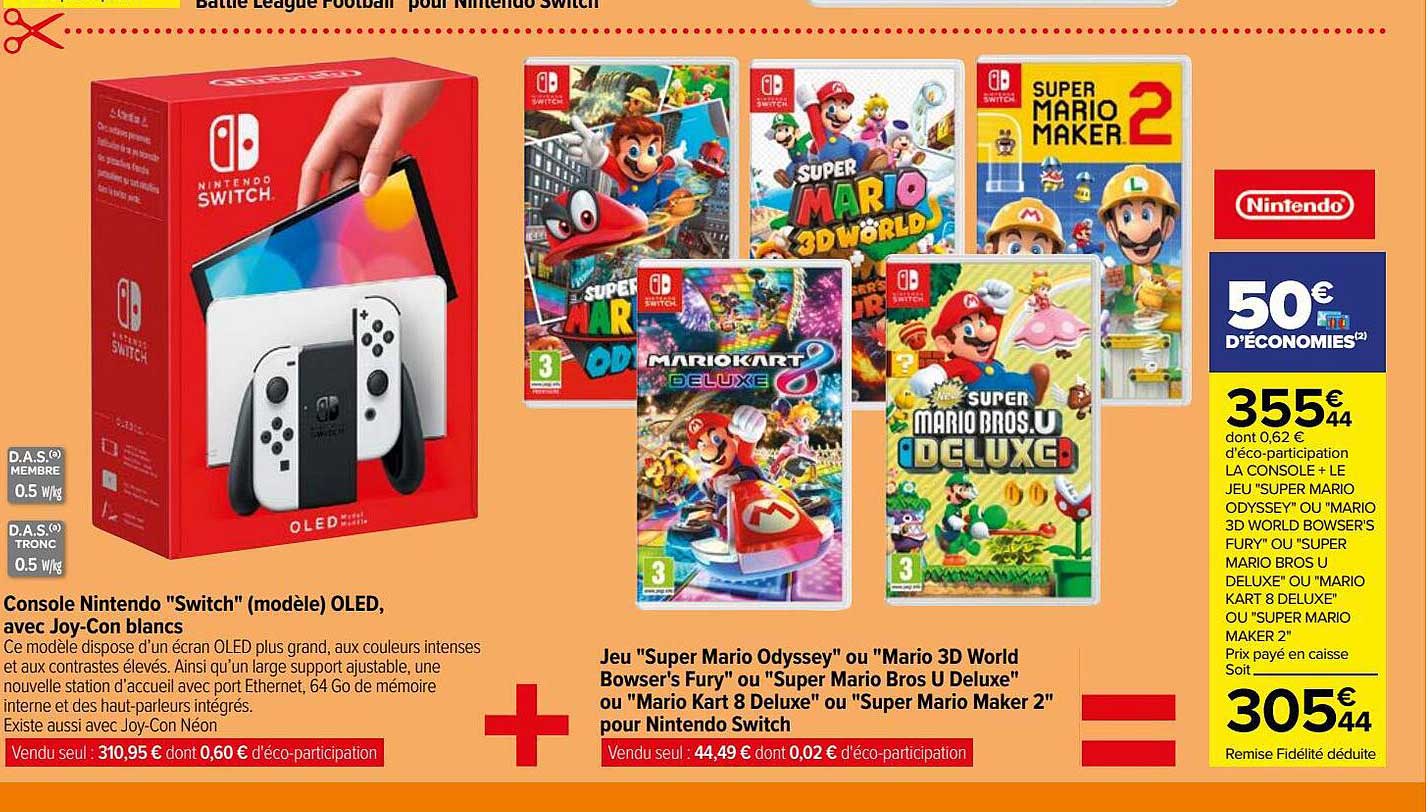 console nintendo "switch" (modèle) oled, avec joy-con blancs + jeu "super mario odyssey" ou "mario 3d world bowser's fury" ou "super mario bros u deluxe" ou "mario kart 8 deluxe" ou "super mario maker