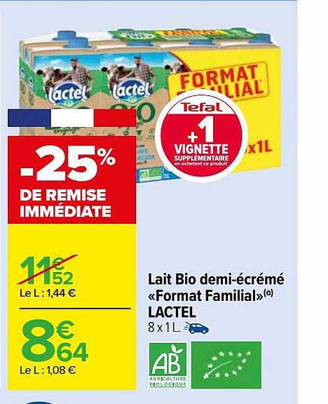 lait bio demi-écrémé «format familial» lactel