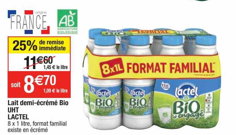 lait demi-écrémé bio uht lactel
