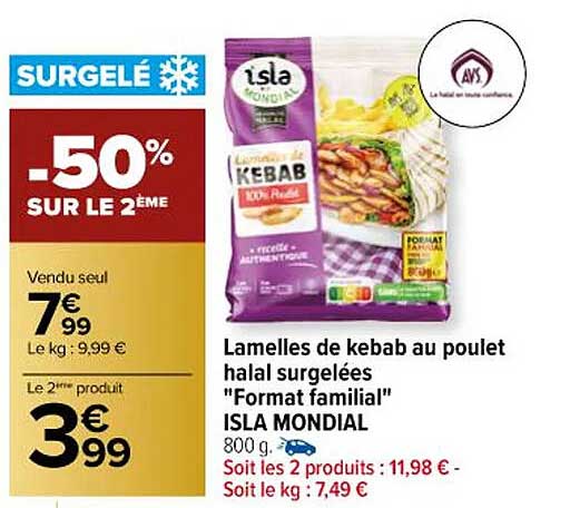 lamelles de kebab au poulet halal surgelées "format familial" isla mondial
