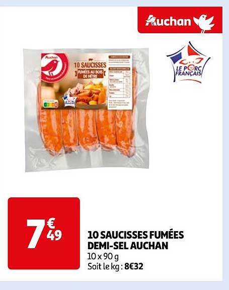 10 saucisses fumées demi-sel auchan