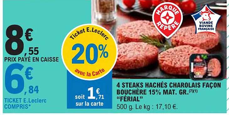 4 steaks hachés charolais façon bouchère 15% mat.gr. "férial"