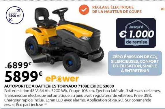 autoportée à batteries tornado 7108e eride s3000 epower