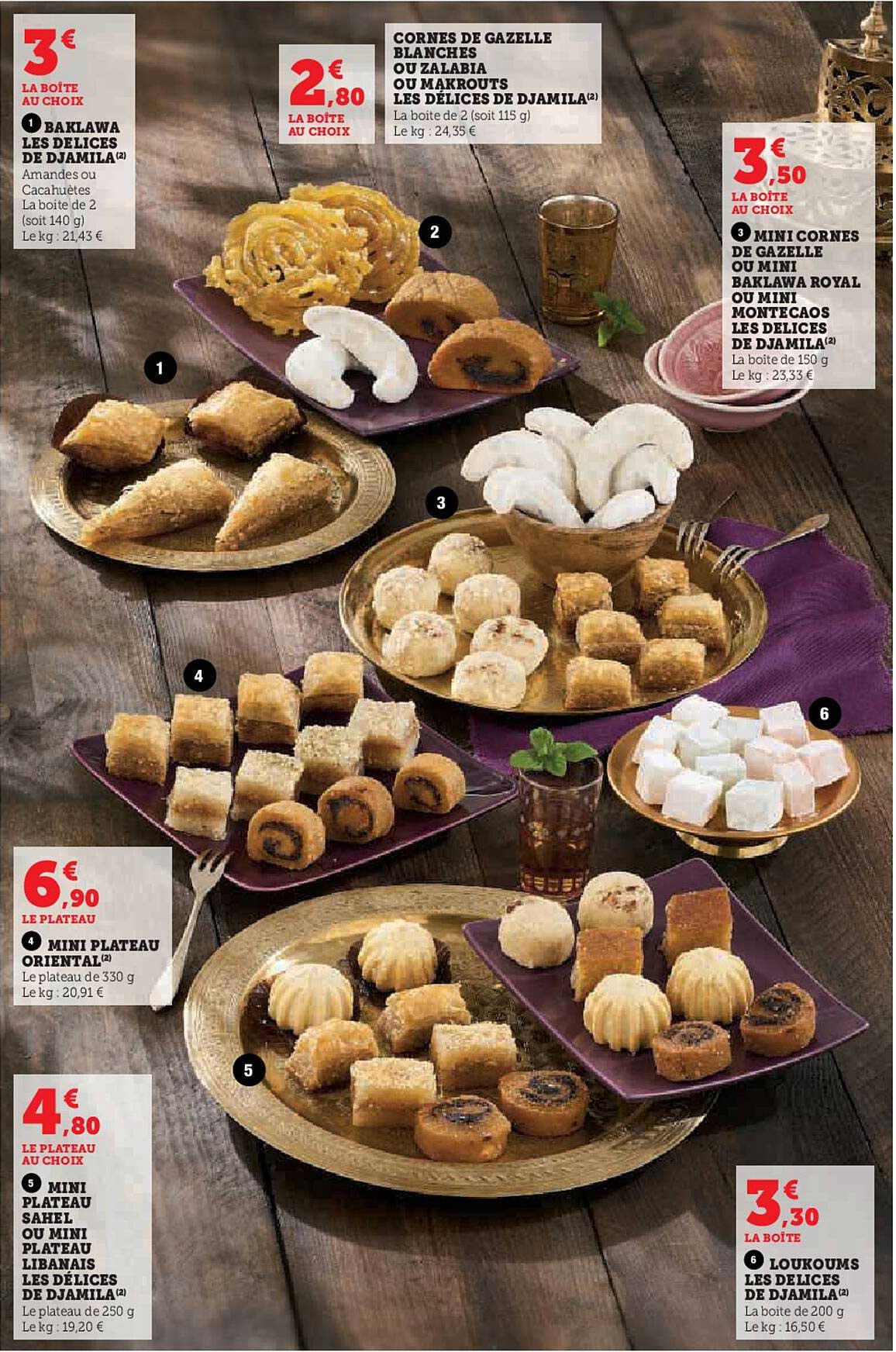 baklawa les délices de djamila, cornes de gazelle blanches ou zalabia ou nakrouts les délices de djamila, mini cornes de gazelle ou mini baklawa royal ou mini montecaos, mini plateau oriental