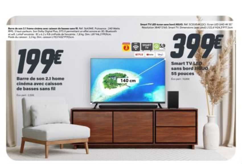 barre de son 2.1 home cinéma avec caisson de basses sans fil, smart tv led sans bord jiguo 55 pouces 140 cm