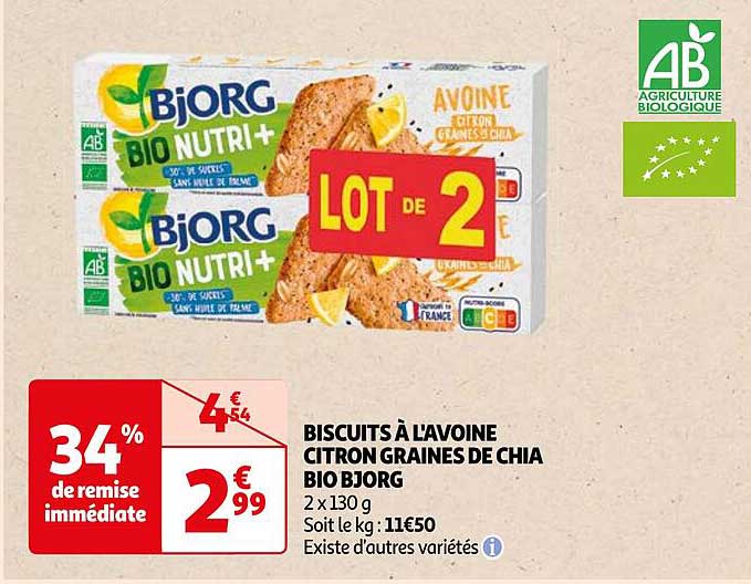 biscuits à l'avoine citron graines de chia bio bjorg