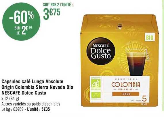 capsules café lungo absolute origin colombia sierra nevada bio nescafé dolce gusto