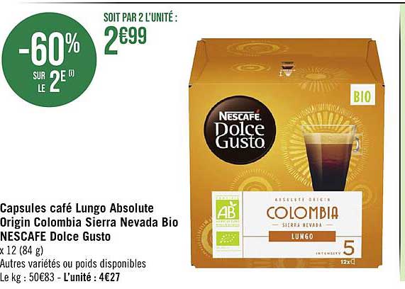 capsules café lungo absolute origin colombia sierra nevada bio nescafé dolce gusto