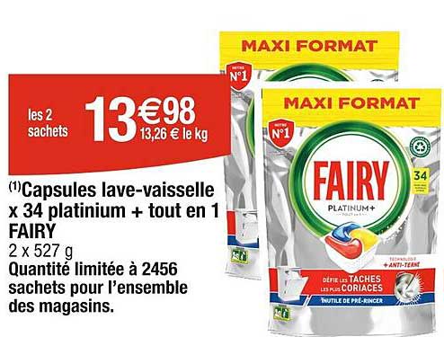 capsules lave-vaisselle x34 platinium + tout en 1 fairy