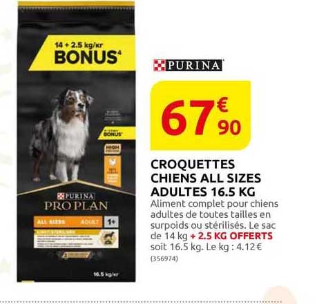croquettes chiens all sizes adultes 16.5 kg purina