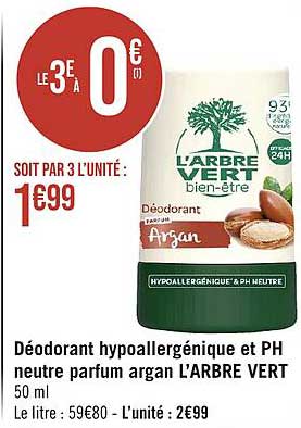 déodorant hypoallergénique et ph neutre parfum argan l'arbre vert
