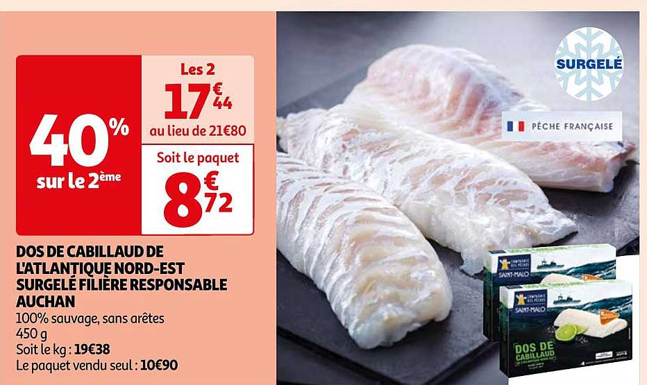 dos de cabillaud de l'atlantique nord-est surgelé filière responsable auchan