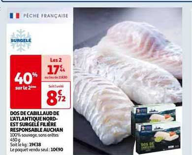 dos de cabillaud de l'atlantique nord-est surgelé filière responsable auchan