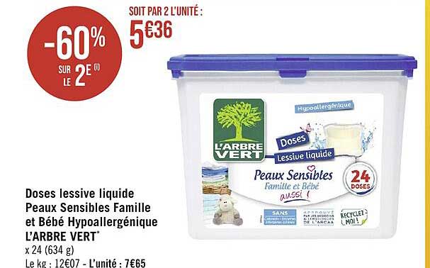 doses lessive liquide peaux sensibles famille et bébé hypoallergénique l'arbre vert