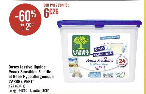 doses lessive liquide peaux sensibles famille et bébé hypoallergénique l'arbre vert