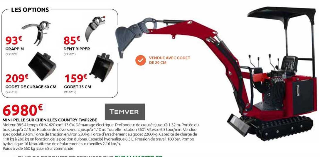 grappin, dent ripper, godet de curage 60 cm, godet 35 cm, mini-pelle sur chenilles country temver