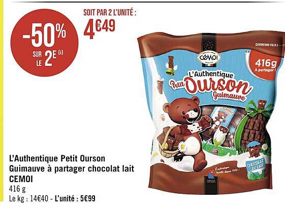 L'authentique Petit Ourson Guimauve à Partager Chocolat Lait Cémoi