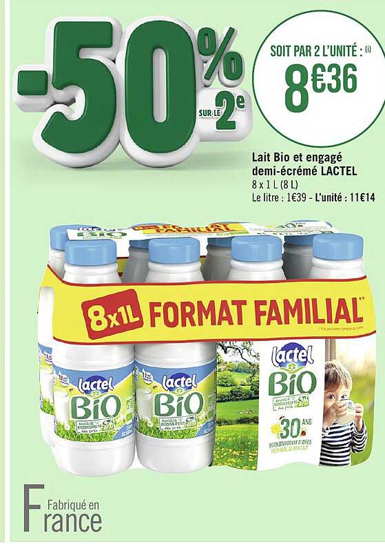 lait bio et engagé demi-écrémé lactel