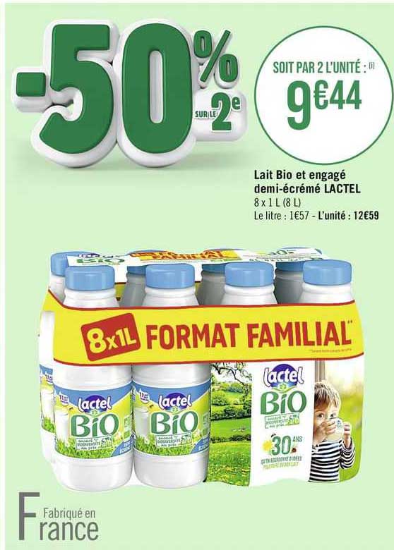 lait bio et engagé demi-écrémé lactel