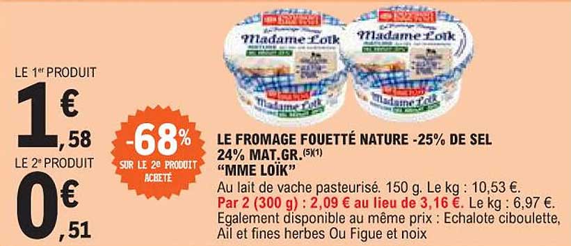 le fromage fouetté nature -25% de sel 24% mat.gr. "mme loïk"