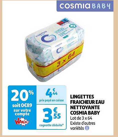 Lingettes Fraîcheur Eau Nettoyante Cosmia Baby