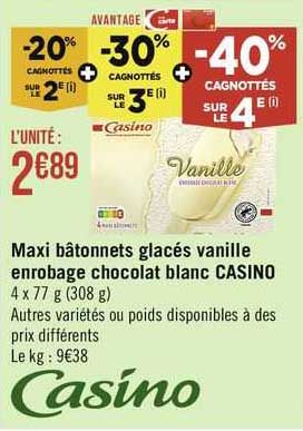maxi bâtonnets glacés vanille enrobage chocolat blanc casino