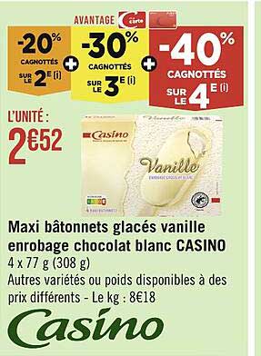 maxi bâtonnets glacés vanille enrobage chocolat blanc casino