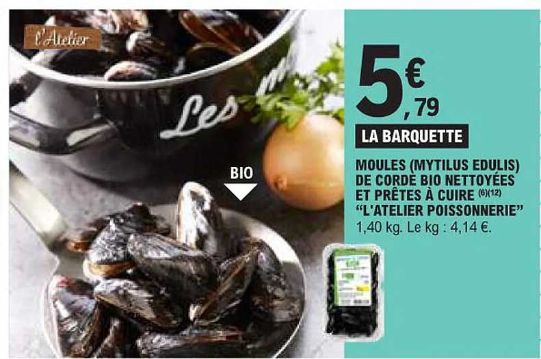 moules (mytilus edulis) de corde bio nettoyées et prêtes à cuire "l'atelier poissonnerie"