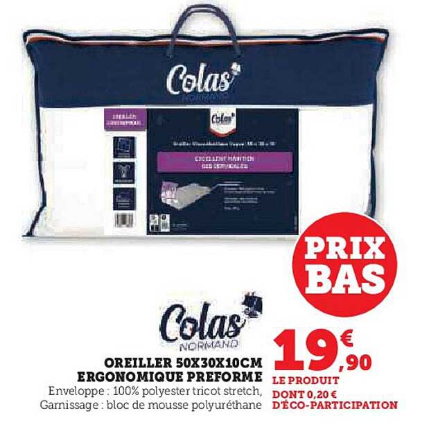 Oreiller 50 X 30 X 10 Cm Ergonomique Préformé Colas Normand
