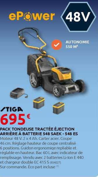 pack tondeuse tractée éjection arrière à batterie 548 saek - 548 es stiga