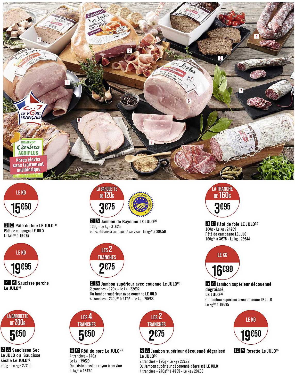 Pâté De Foie Le Julo, Jambon De Bayonne Le Julo, Pâté De Foie Le Julo, Saucisse Perche, Jambon Supérieur Avec Coenne Le Julo, Jambon Supérieur Découenné Le Julo Ou Jambon Supérieur Avec Couenne