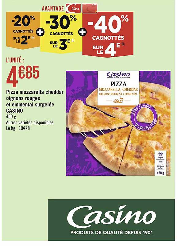 Pizza Mozzarella Cheddar Oignons Rouges Et Emmental Surgelée Casino
