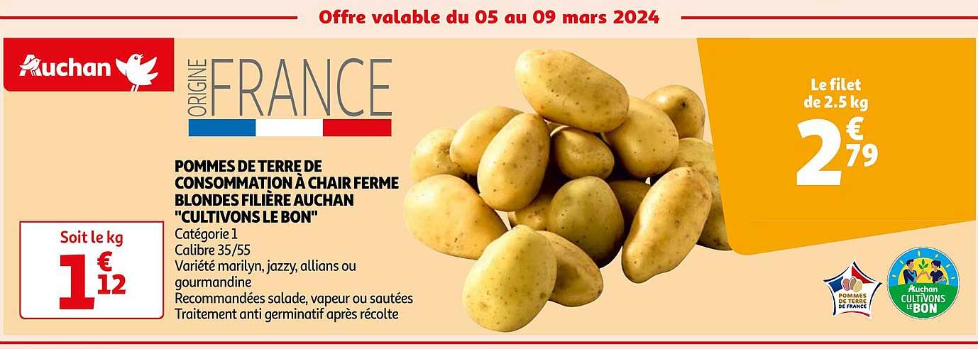 pommes de terre de consommation à chair ferme blondes filière auchan "cultivons le bon"