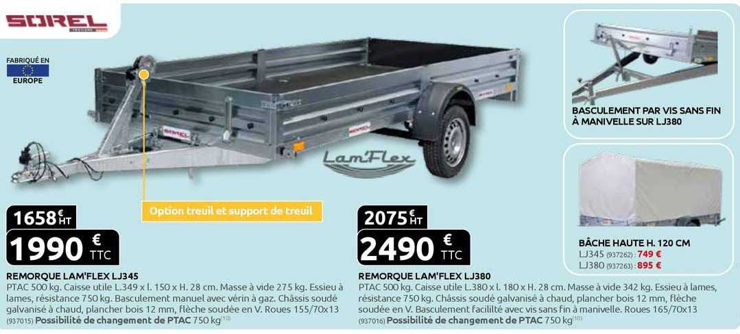 remorque lam'flex lj345, remorque lam'flex lj380, basculement par vis sans fin à manivelle sur lj380, bâche haute h. 120 cm