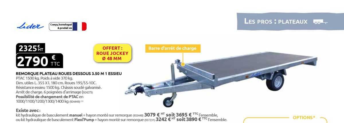 remorque plateau roues dessous 3.50 m 1 essieu lider