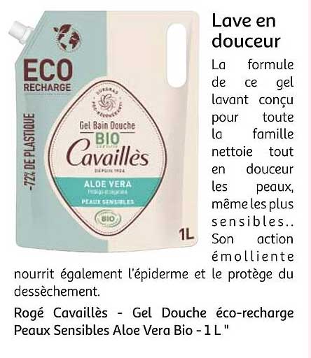 rogé cavaillès - gel douche éco-recharge peaux sensibles aloe vera bio - 1 l