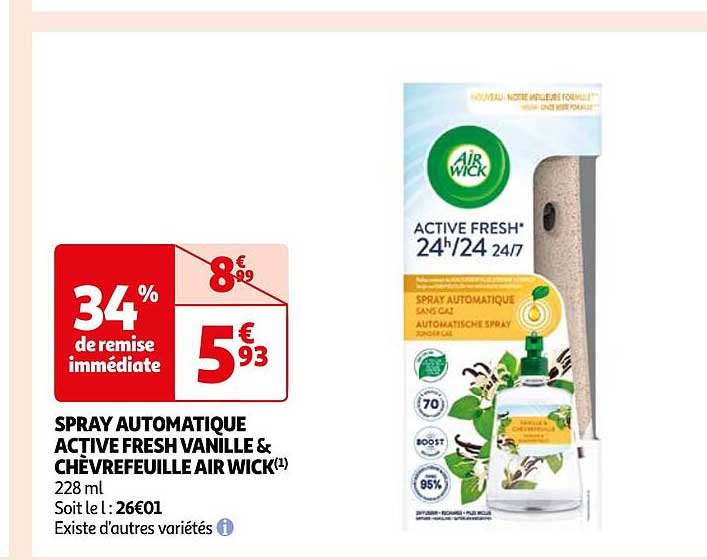 spray automatique active fresh vanille & chèvre feuille air wick