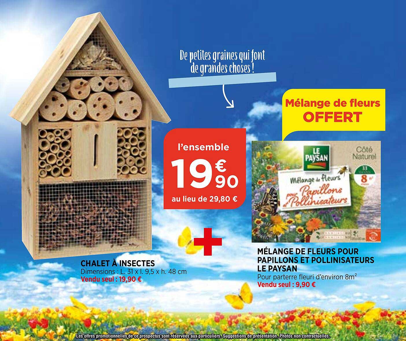 chalet à insectes, mélange de fleurs pour papillons et pollinisateurs le paysan