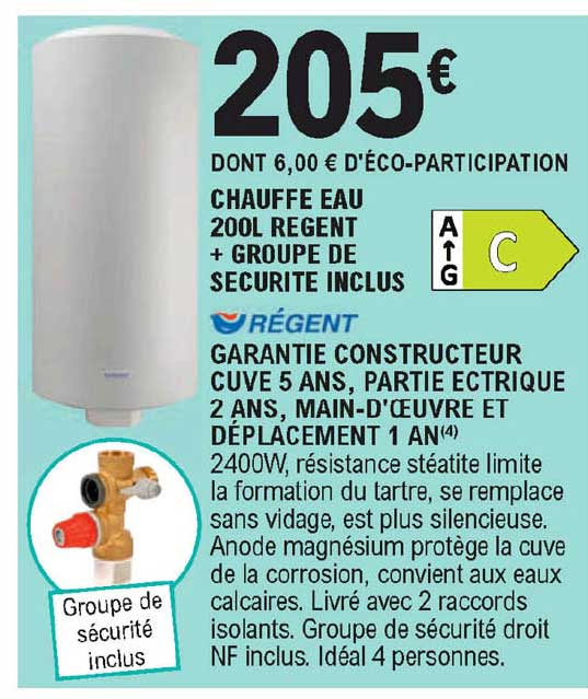chauffe eau 200 l régent + groupe de sécurité inclus