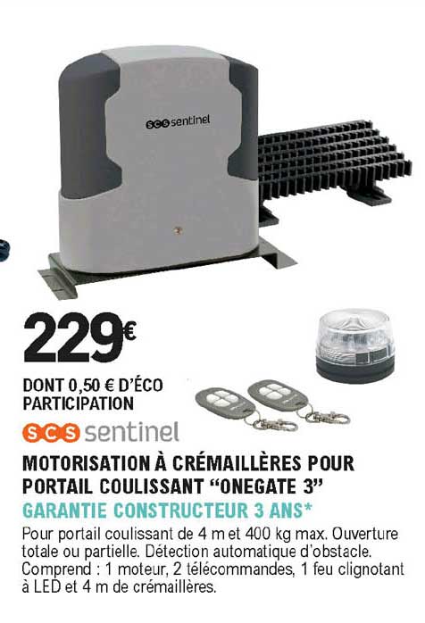 motorisation à crémaillères pour portail coulissant "onegate 3" scs sentinel